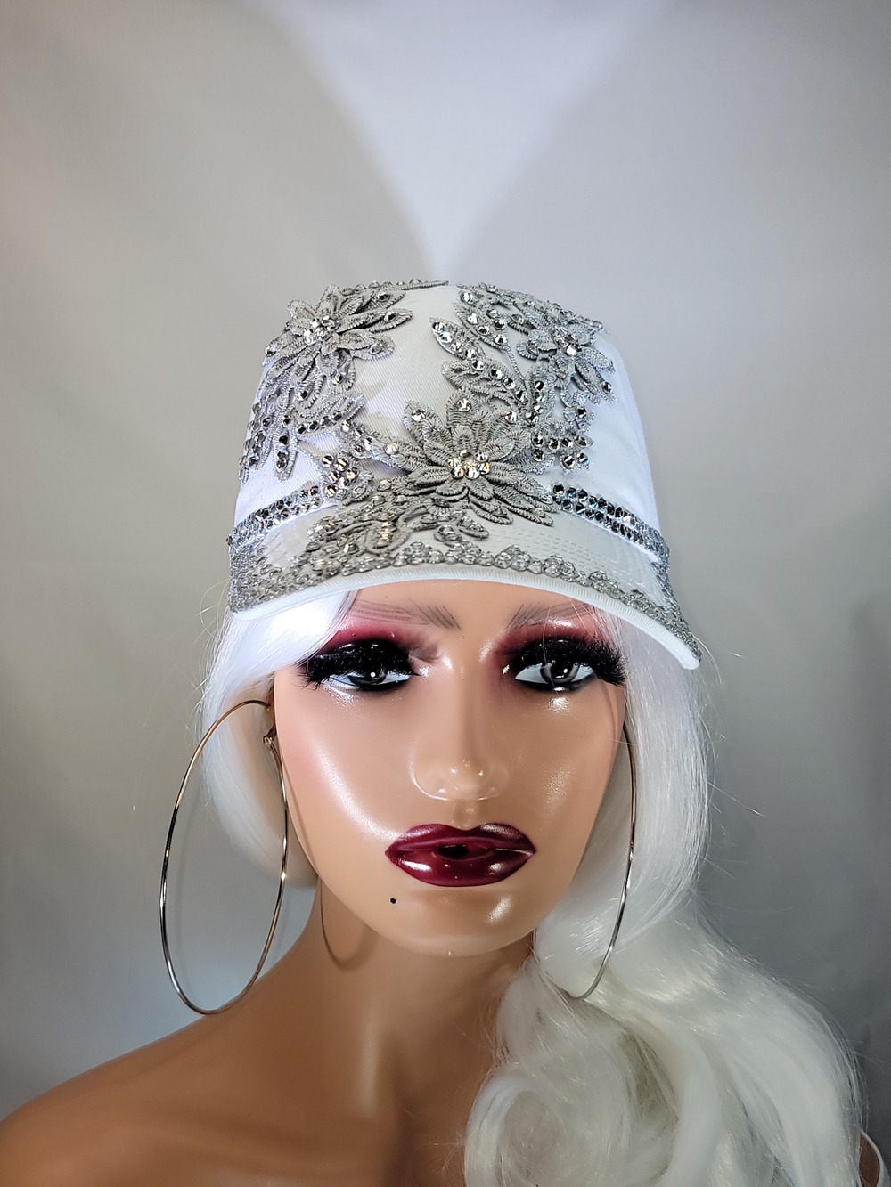 Embellished White Floral Rhinestone Baseball Cap - Picture 11 of 11